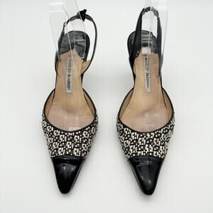 Manolo Blahnik Carolyne Woven Slingback Pumps Black White Patent Cap Toe Size 39
